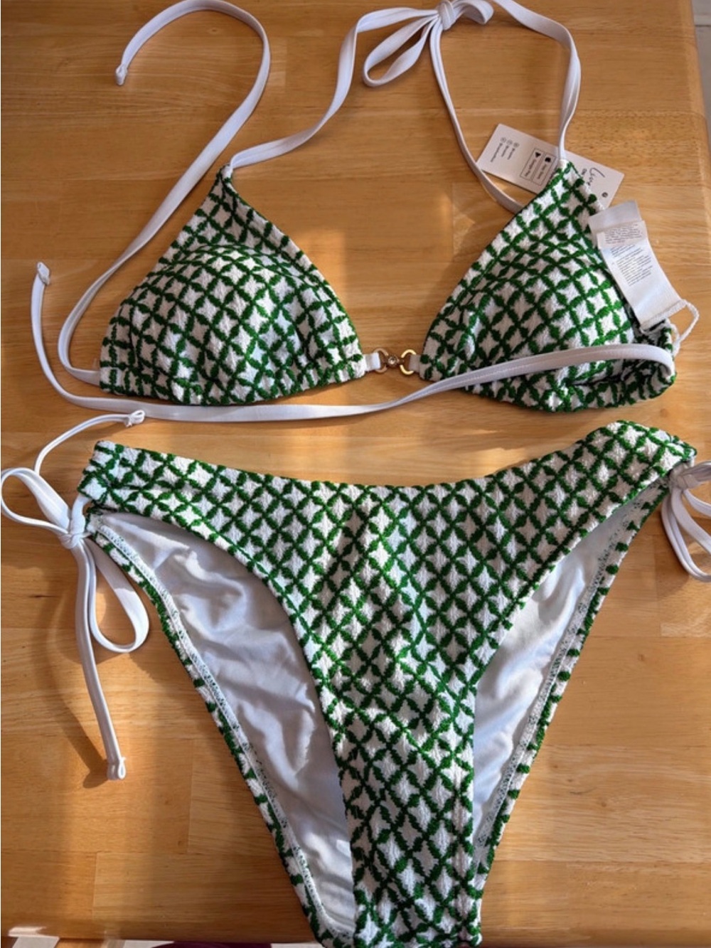Cupshe Green and White Textured Tie-Side Triangle Bikini
